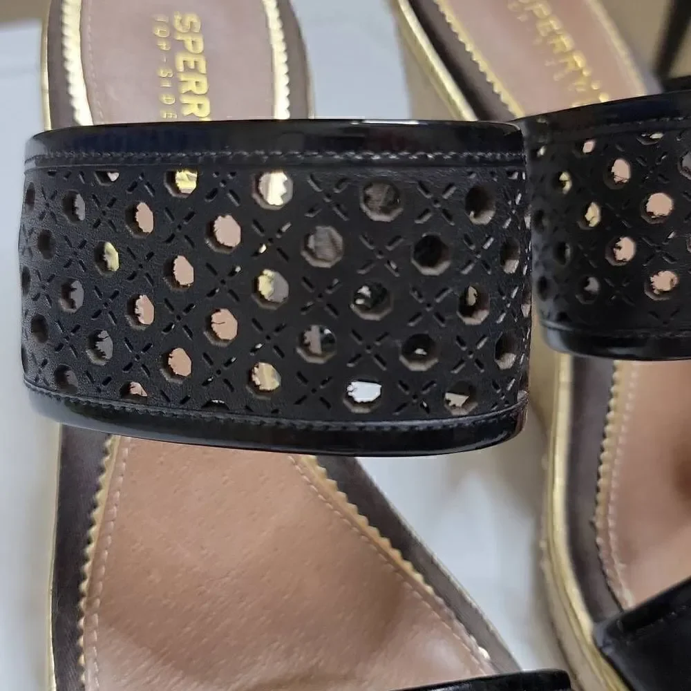 Sperry Top Sider Leather Wedges Eyelet Sisal Rope Slide On Sandals Tan Brown